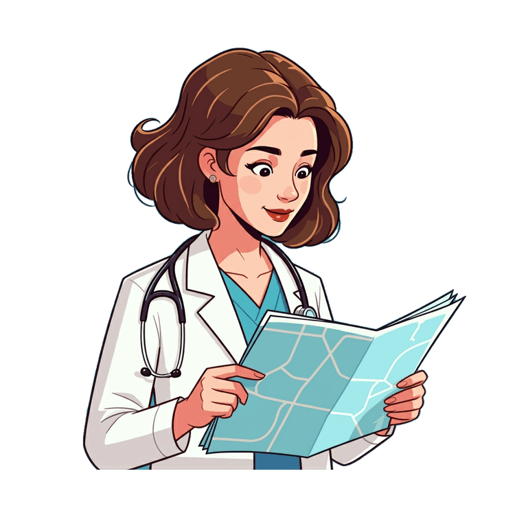 Una giovane dottoressa che guarda una mappa