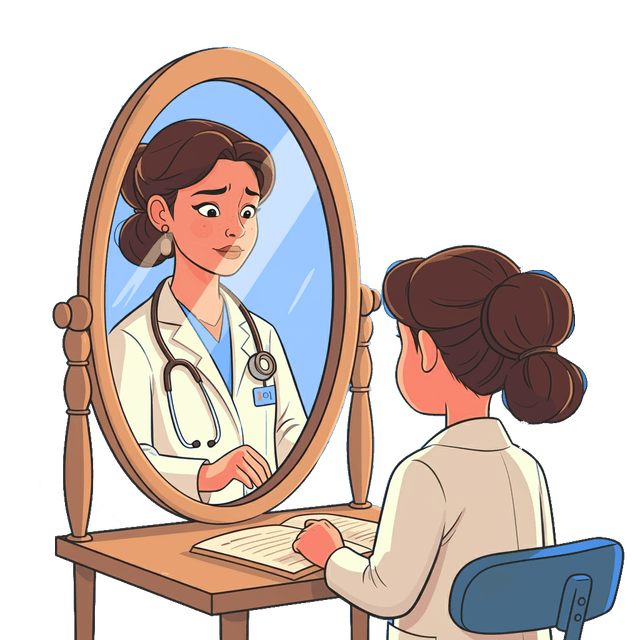 Una bambina guarda se stessa allo specchio da grande vestita da dottoressa