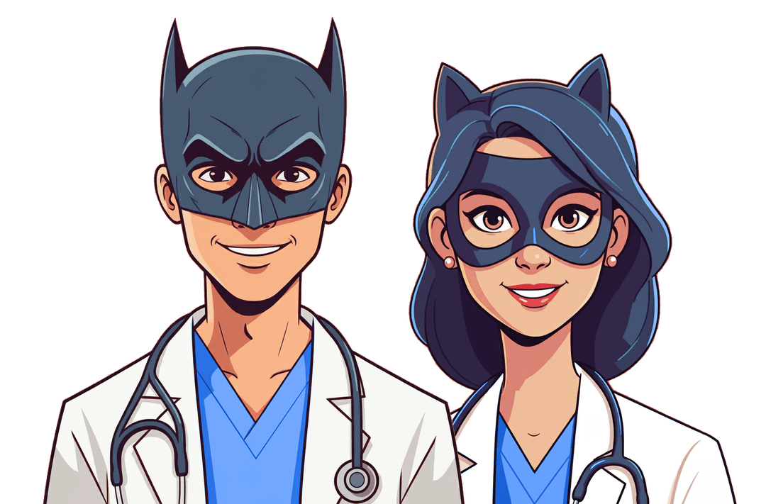Uno specializzando e una specializzanda che indossano una maschera da supereroi