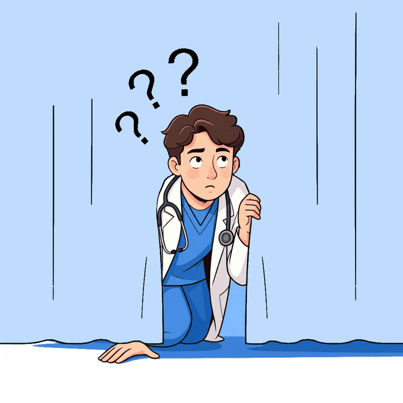 Uno studente di medicina si affaccia incuriosito da dietro una tenda